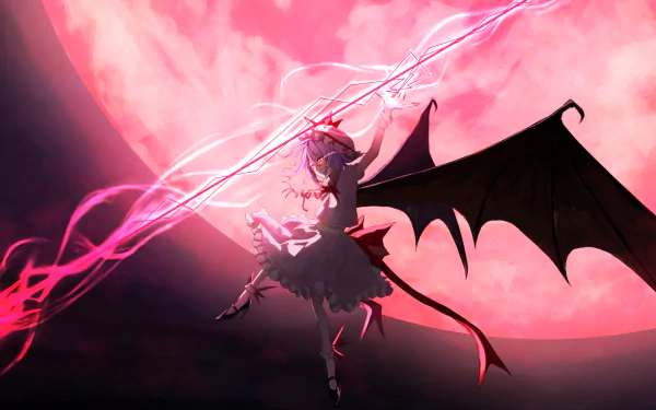 HD anime wallpaper featuring Remilia Scarlet from Touhou, depicted with bat wings and glowing red energy against a large, vivid red moon background.