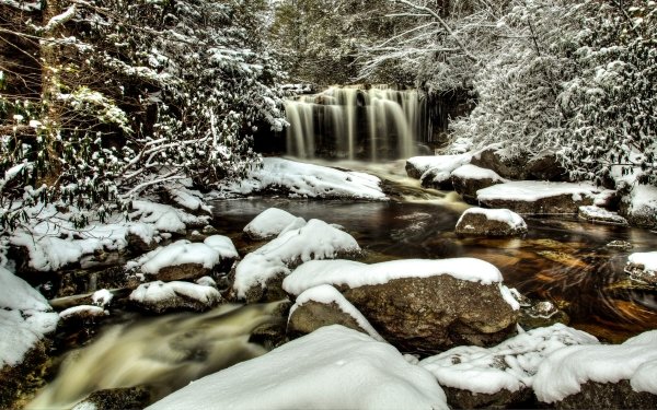 Earth River Nature Winter Snow Forest Waterfall HD Wallpaper | Background Image