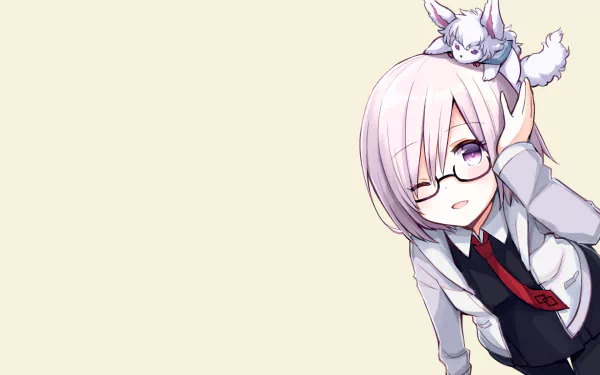 HD desktop wallpaper featuring Shielder from Fate/Grand Order anime, with a cute dog on her head. The background is plain beige, emphasizing the vibrant character artwork.