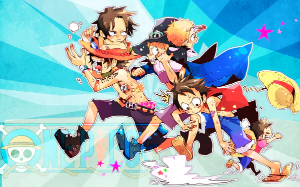 HD desktop wallpaper featuring Sabo, Portgas D. Ace, and Monkey D. Luffy from the anime One Piece, in a lively and colorful scene.