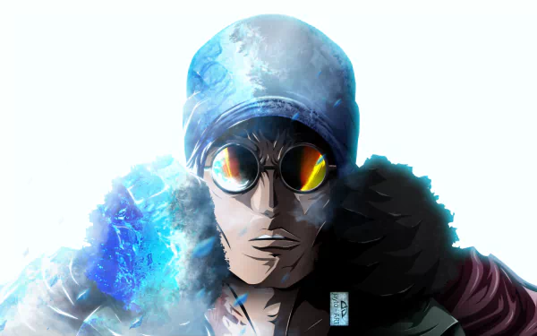 HD desktop wallpaper featuring Aokiji from One Piece, showcasing the anime character's intense gaze and ice powers.