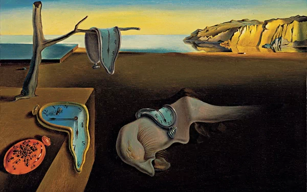 Artistic impressionist HD desktop wallpaper depicting melting clocks draped over surreal landscape elements under a calm sky.