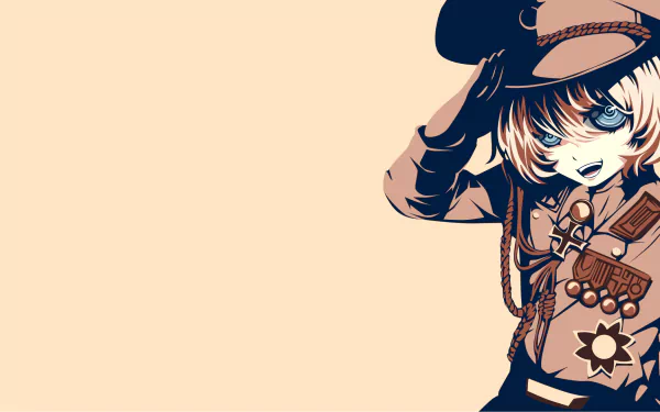 HD desktop wallpaper featuring Tanya Degurechaff from the anime Youjo Senki, with a beige background and a stylized illustration of Tanya in a military uniform.