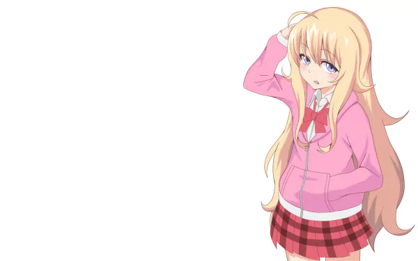 HD desktop wallpaper featuring Gabriel Tenma White from the anime Gabriel DropOut, showing her in a pink jacket and red plaid skirt against a white background.