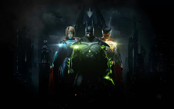 HD desktop wallpaper featuring Batman, Superman, and Supergirl from the video game Injustice 2, with a dark cityscape in the background.