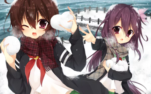Anime Kantai Collection 4K Ultra HD PC desktop wallpaper: two ship-girls in winter coats and scarves toss snowballs and smile by a snowy harbor, posed for a cozy background.