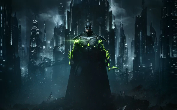 HD desktop wallpaper featuring Batman from the video game Injustice 2, standing in front of a dark, futuristic cityscape, with glowing green elements on his suit.
