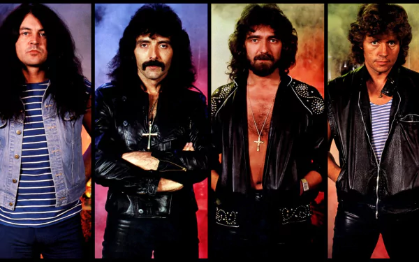 HD desktop wallpaper featuring the classic rock and heavy metal band Black Sabbath, showcasing its iconic members in a bold, vintage style.