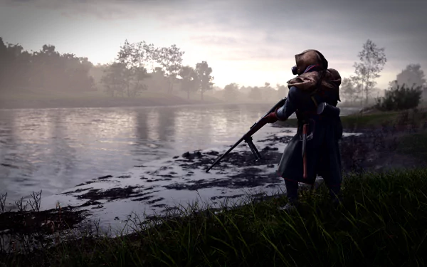 A Battlefield 1 soldier armed with a weapon stands by a riverbank at dawn, captured in a 4K Ultra HD PC desktop wallpaper and background from the video game.