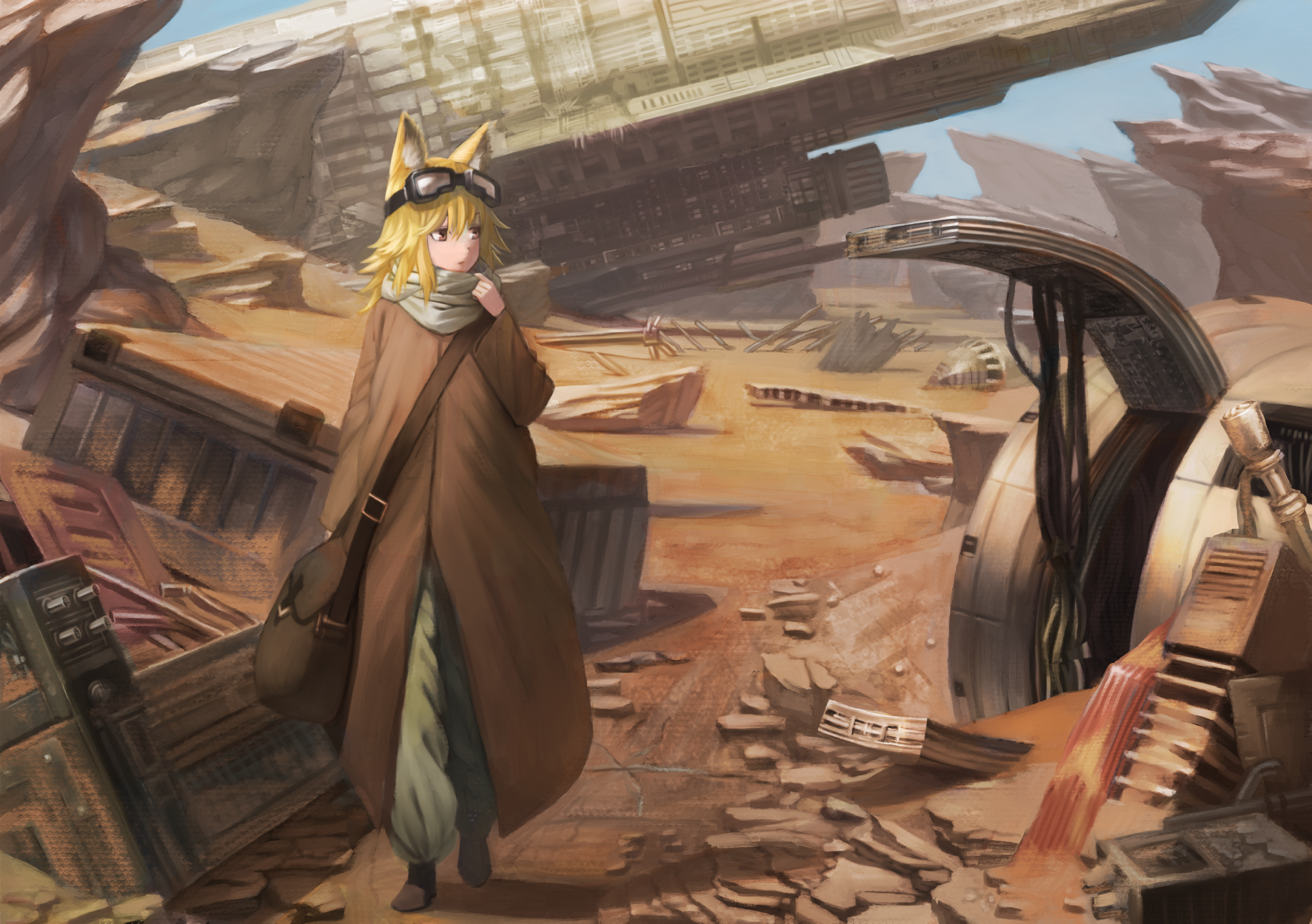 Anime-style HD PC desktop wallpaper featuring an original character with blonde hair and a cloak standing in a detailed post-apocalyptic desert landscape.
