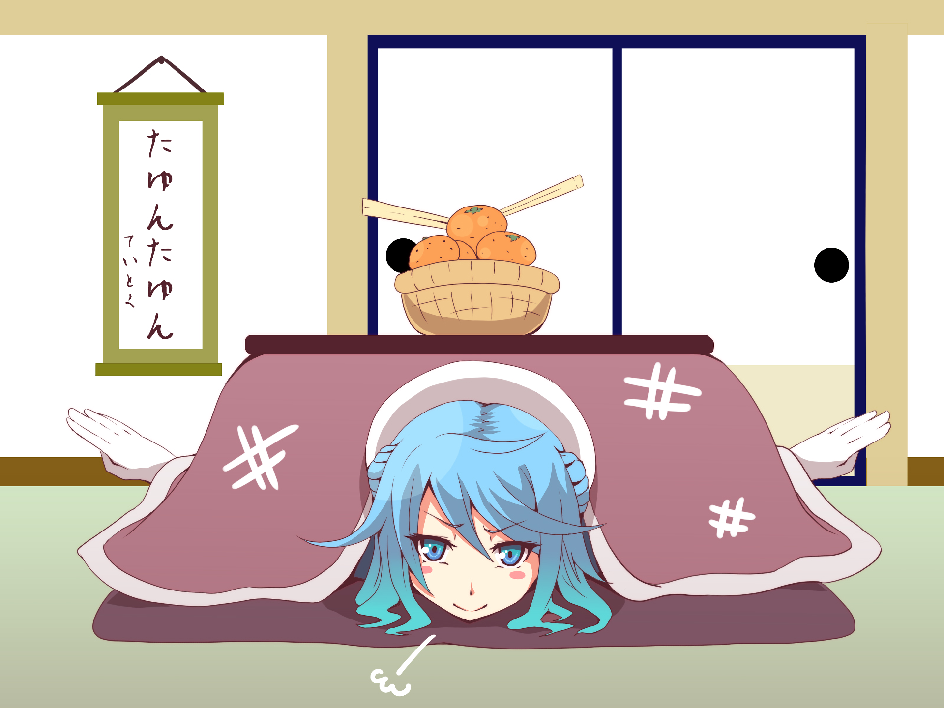 HD PC desktop wallpaper: Urakaze (Kancolle) from Kantai Collection — blue-haired anime girl peeking from under a kotatsu with a basket of mikan in a tatami room.