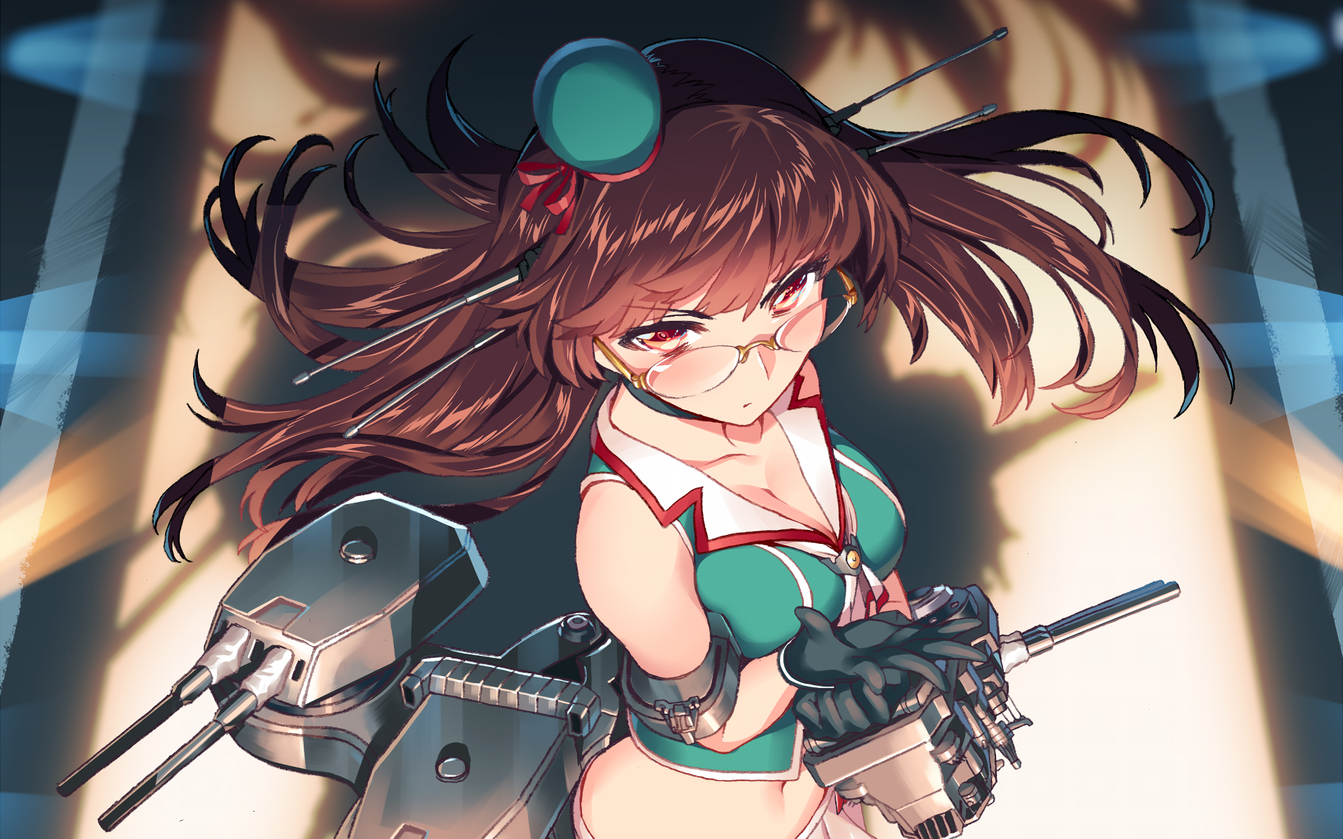 Choukai from Kancolle (Kantai Collection), anime girl in green sailor uniform with glasses, wielding ship-mounted guns, wind-blown hair and dramatic lighting — HD PC desktop wallpaper/background.