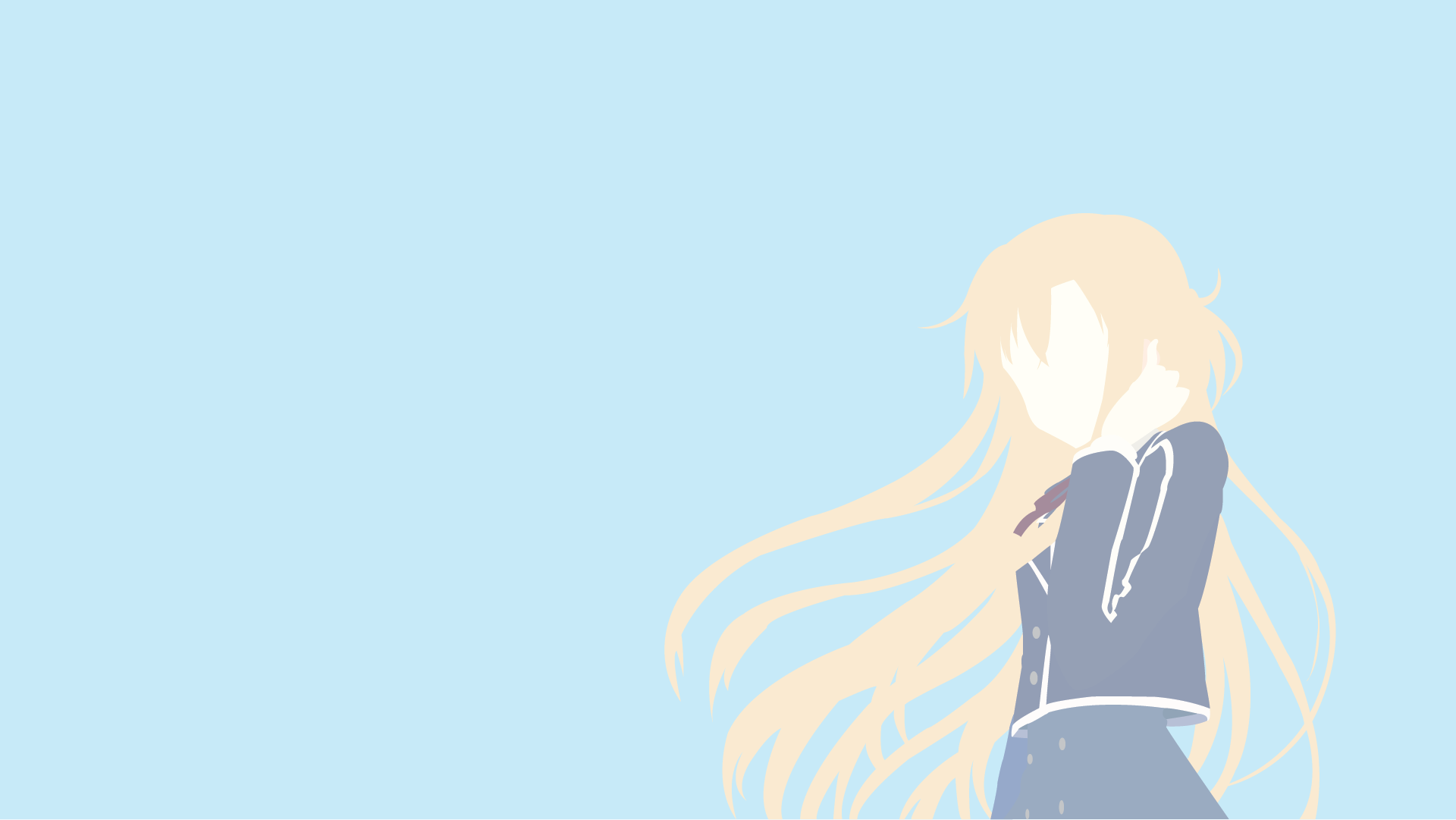 Minimalist HD desktop wallpaper of Asuna Yuuki from Sword Art Online — pale anime silhouette with long flowing hair on a sky-blue background.