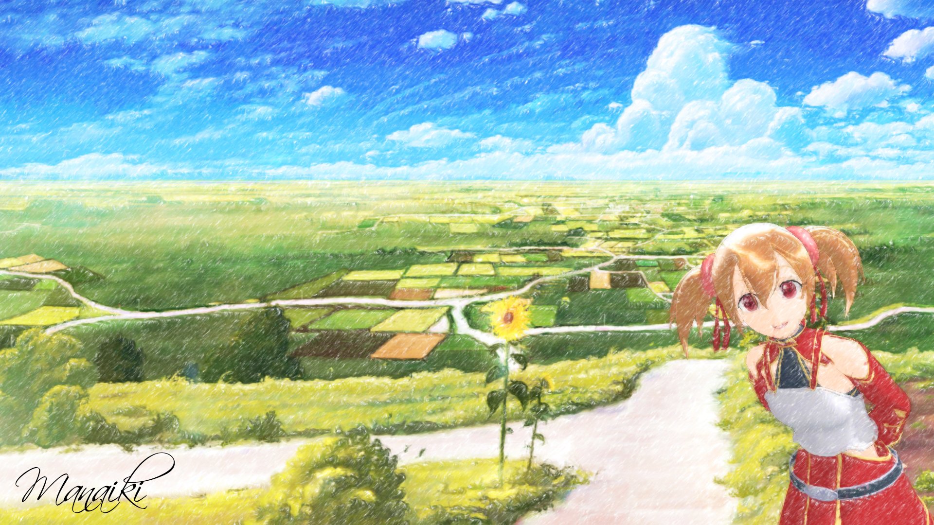 HD PC desktop wallpaper featuring Silica (Keiko Ayano) from Sword Art Online, standing on a path overlooking a vibrant rural landscape under a bright blue sky.