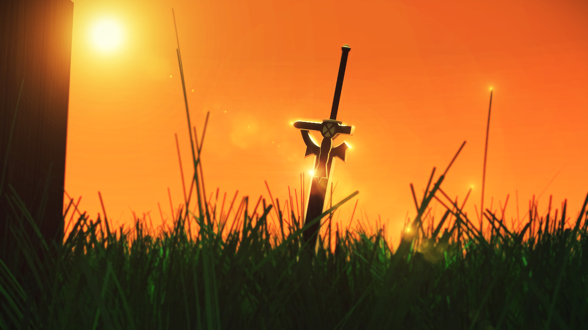 HD PC desktop wallpaper featuring a Sword Art Online anime scene with a sword planted in the grass against a vibrant orange sunset background.