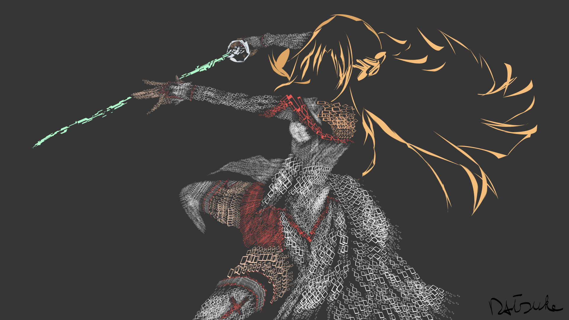 HD wallpaper of Asuna Yuuki from Sword Art Online, featuring her in an intricate battle pose with a glowing sword. The background is dark, enhancing her vibrant, detailed anime design.