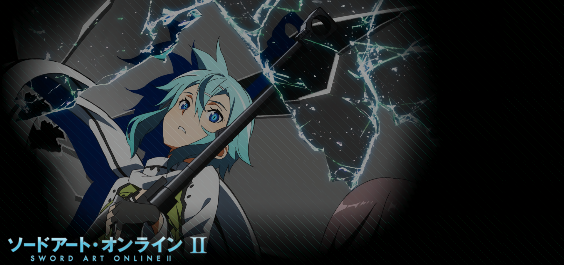 HD PC desktop wallpaper of Shino Asada from Sword Art Online II — anime image of her holding a sniper rifle amid fractured glass against a dark background