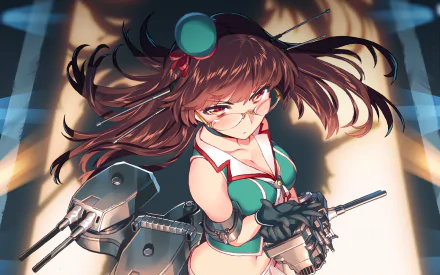 Choukai from Kancolle (Kantai Collection), anime girl in green sailor uniform with glasses, wielding ship-mounted guns, wind-blown hair and dramatic lighting — HD PC desktop wallpaper/background.
