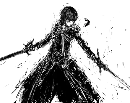 HD desktop wallpaper showcasing Kirito (Kazuto Kirigaya) from Sword Art Online in an intense black and white anime illustration, wielding dual swords.