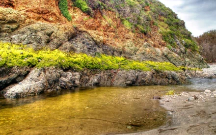 HD desktop wallpaper of a natural shoreline featuring a tide pool with clear water, sandy shore, and rocky cliffs covered in green moss and vegetation.