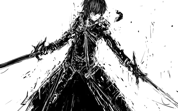 HD desktop wallpaper showcasing Kirito (Kazuto Kirigaya) from Sword Art Online in an intense black and white anime illustration, wielding dual swords.