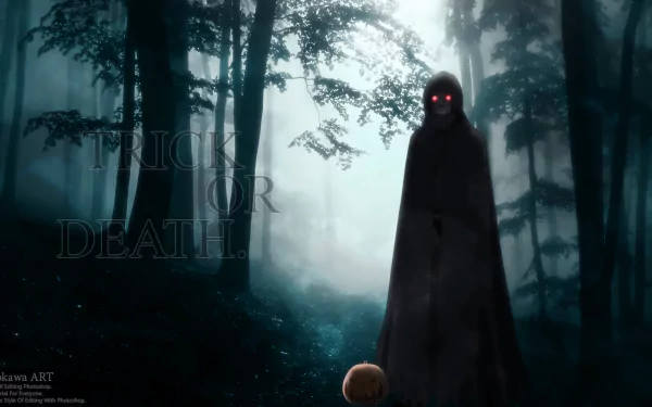 HD PC desktop wallpaper featuring Death Gun from Sword Art Online II, set in a dark, foggy forest with glowing red eyes and a Halloween pumpkin nearby.