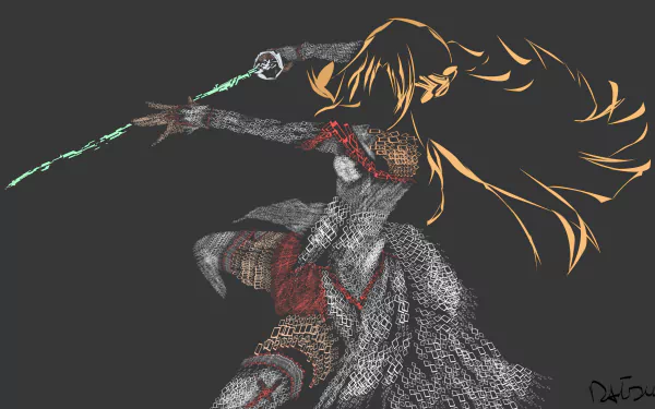 HD wallpaper of Asuna Yuuki from Sword Art Online, featuring her in an intricate battle pose with a glowing sword. The background is dark, enhancing her vibrant, detailed anime design.