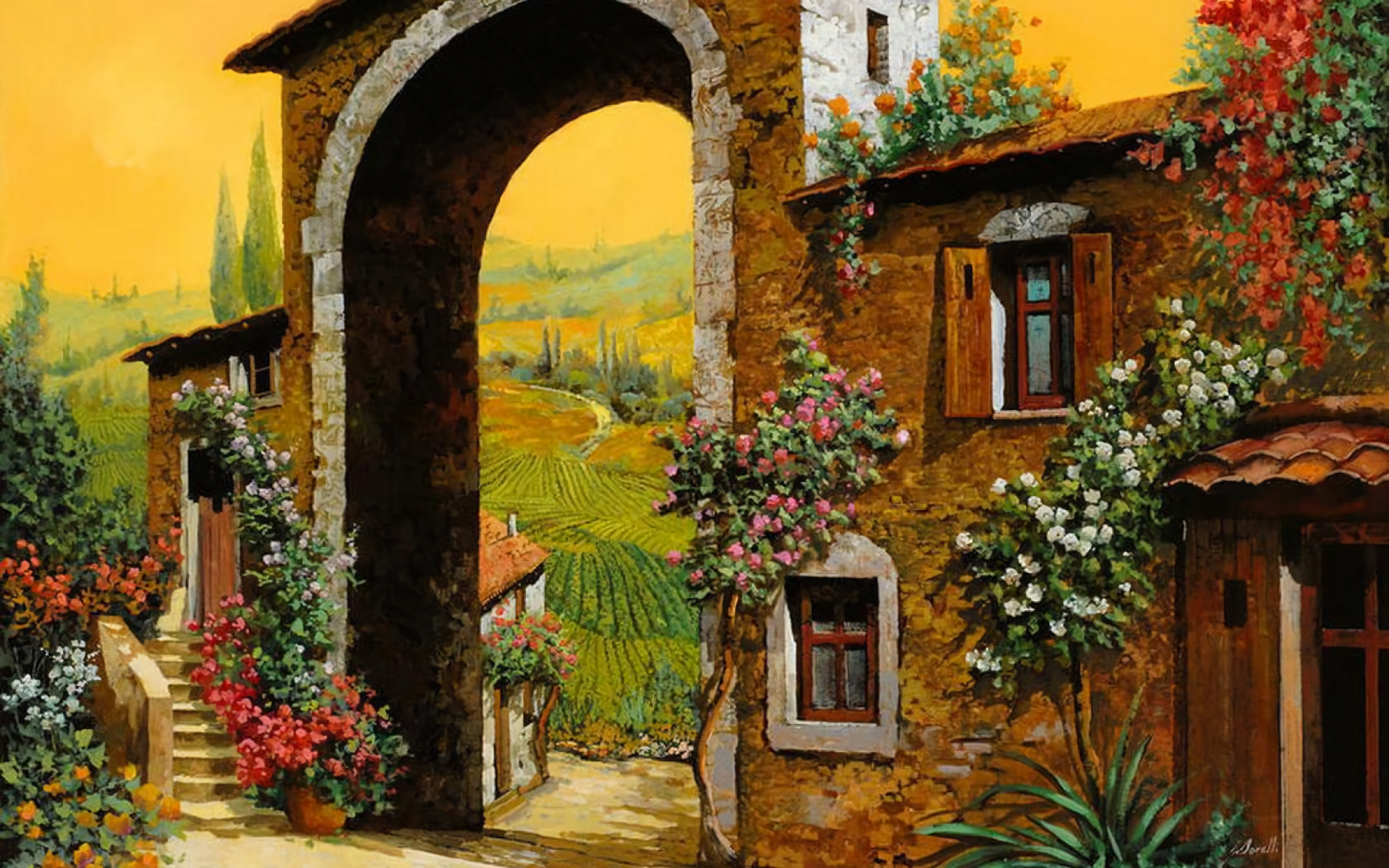 Download Flower Arch House Tuscany Italy Artistic Painting HD Wallpaper