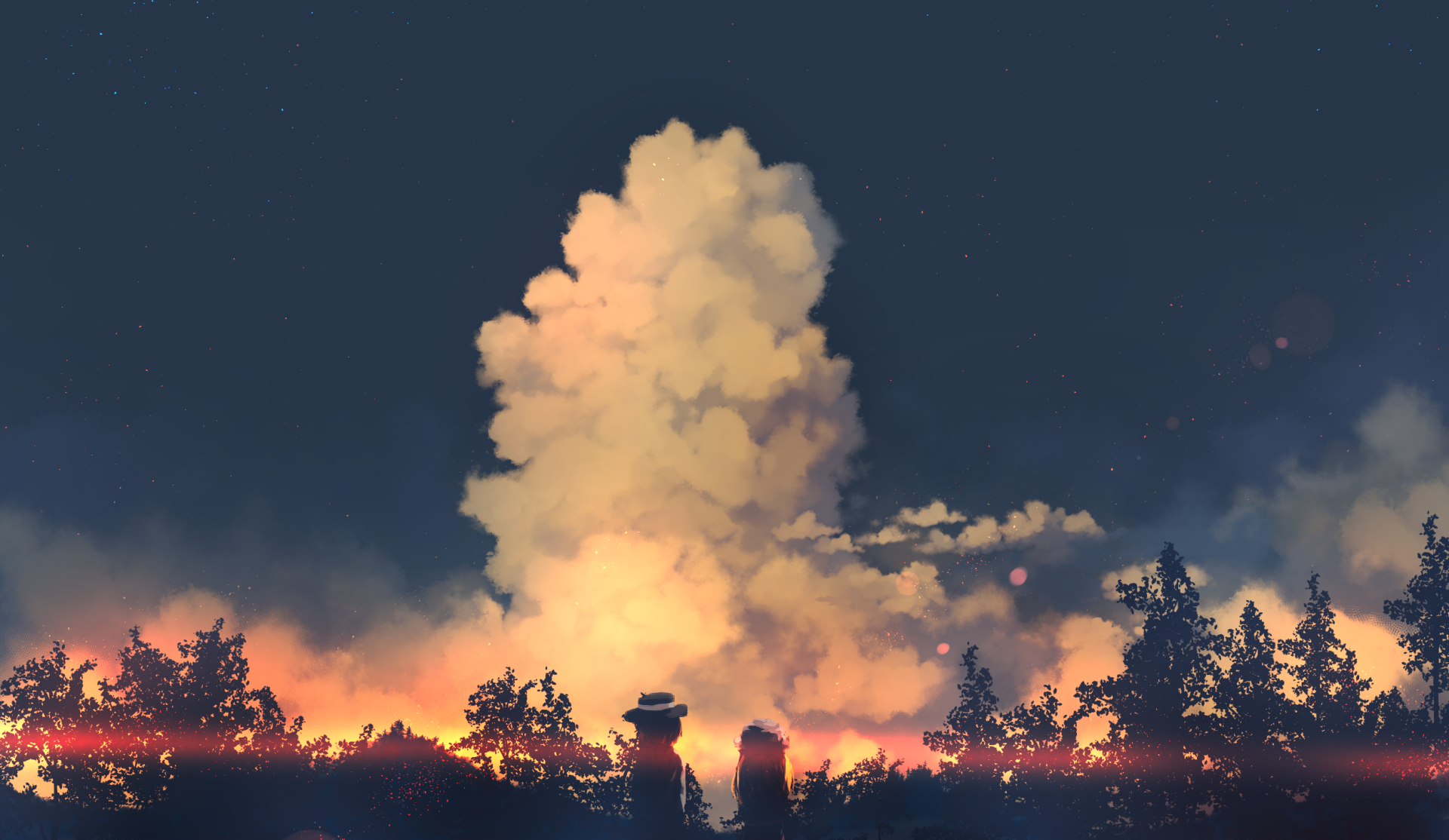 HD anime desktop wallpaper featuring a dramatic sky with towering clouds above silhouetted trees, inspired by Touhou characters Maribel Hearn and Renko Usami.