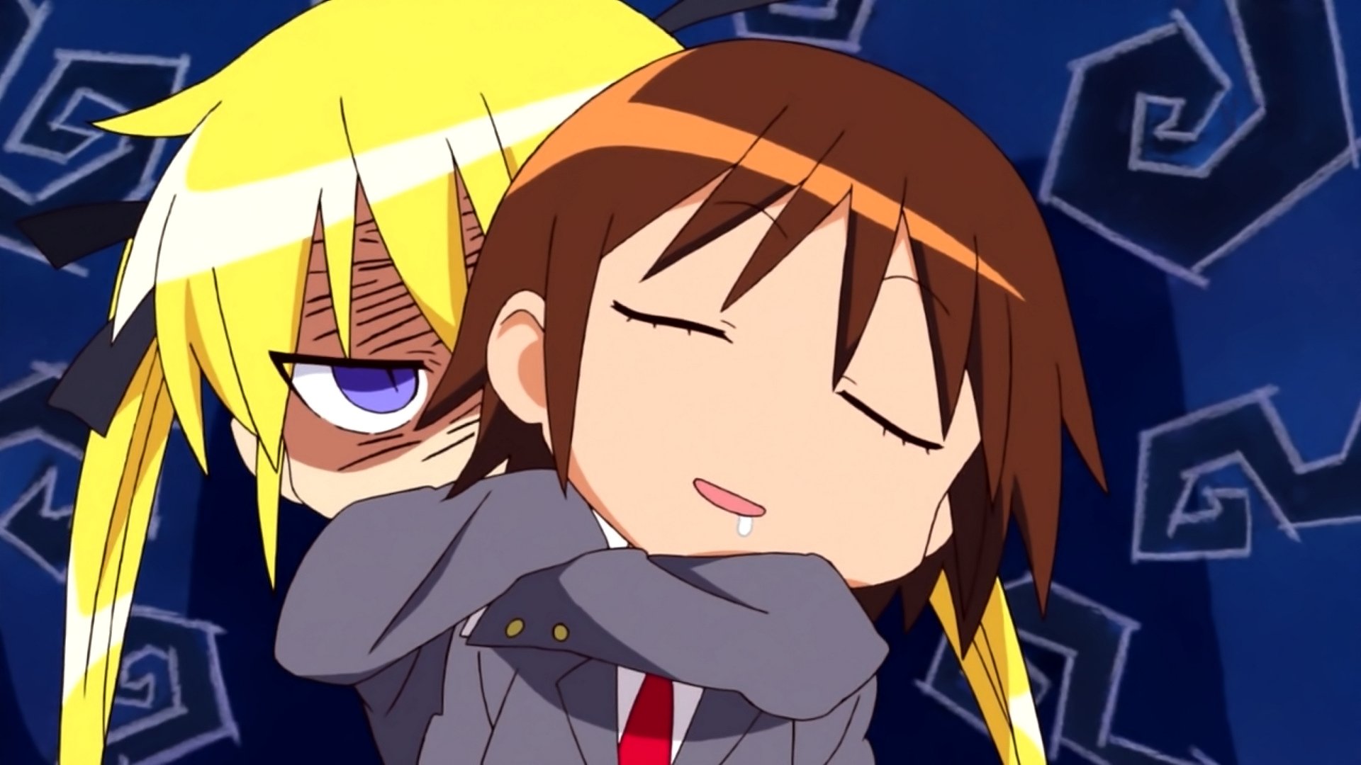HD PC desktop wallpaper from the anime Kill Me Baby: a blonde girl holds a sleepy brown-haired schoolgirl in a playful chokehold against a blue spiral background.