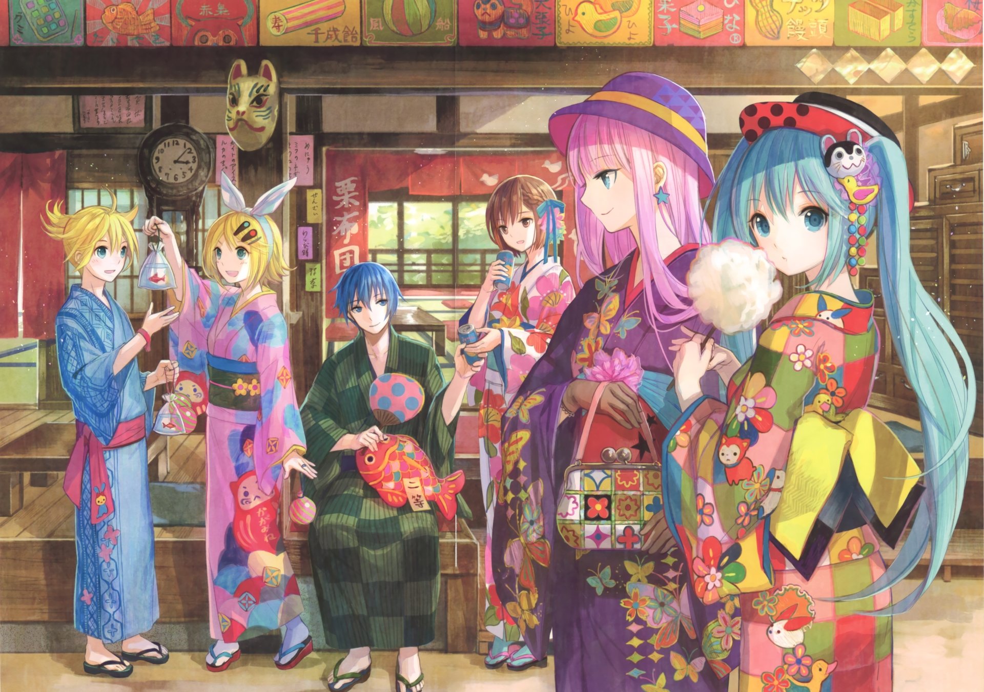 HD Anime Vocaloid desktop wallpaper featuring characters dressed in traditional Japanese kimonos at a festive indoor gathering.