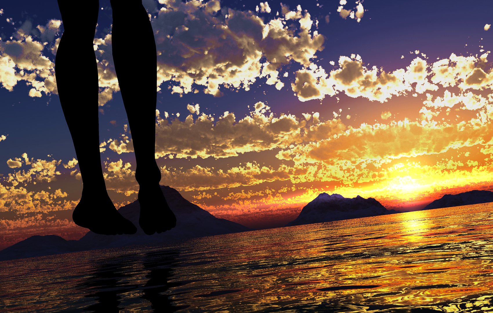 Download CGI 3D Sky Cloud Orange (Color) Yellow Reflection Ocean Mountain  Sunset Barefoot Legs Anime Original Wallpaper by Y-K