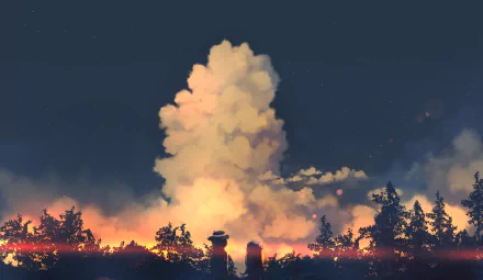 HD anime desktop wallpaper featuring a dramatic sky with towering clouds above silhouetted trees, inspired by Touhou characters Maribel Hearn and Renko Usami.