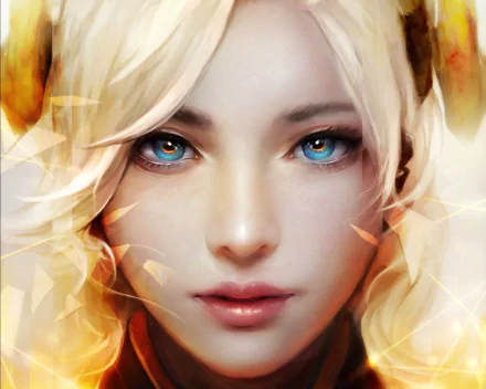Close-up digital artwork of a blonde fantasy woman with striking aqua eyes, designed as an HD PC desktop wallpaper and background.