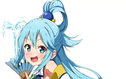 HD PC desktop wallpaper featuring Aqua from the anime KonoSuba - God’s blessing on this wonderful world!! with her signature blue hair and cheerful expression.