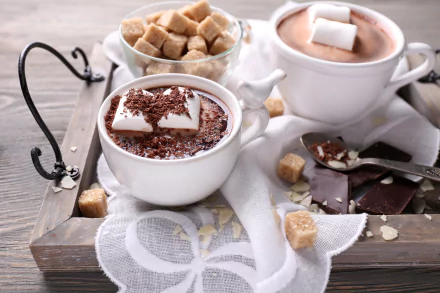 4K Ultra HD still life of two cups of hot chocolate topped with marshmallows, surrounded by chocolate pieces and caramel sugar cubes on a rustic wooden tray.