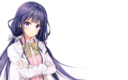 HD desktop wallpaper featuring Aki Adagaki from the anime Masamune-kun's Revenge. She stands confidently with crossed arms, wearing her school uniform, against a clean white background.