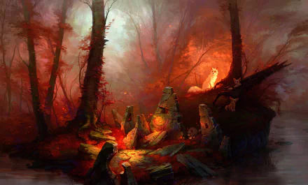 An HD fantasy wallpaper featuring a magical forest bathed in warm light, with a fox cub resting atop a rock among mystical ruins.