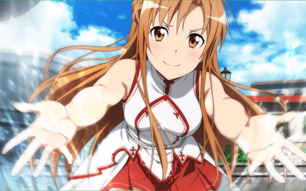 HD desktop wallpaper featuring Asuna Yuuki from the anime Sword Art Online, showcasing her in a vibrant outdoor setting with a bright blue sky and dynamic pose.