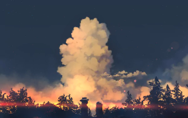 HD anime desktop wallpaper featuring a dramatic sky with towering clouds above silhouetted trees, inspired by Touhou characters Maribel Hearn and Renko Usami.