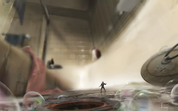HD PC desktop wallpaper featuring Ant-Man standing on the edge of a bathtub, emphasizing his miniature size in a cinematic movie scene.