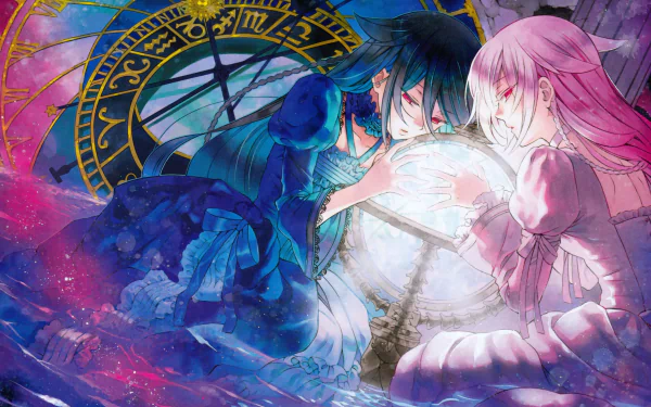 Anime-style 4K wallpaper featuring Alice Baskerville from Pandora Hearts with long blue and pink hair, red eyes, braided hairstyle, and zodiac symbols in a mystical water setting.