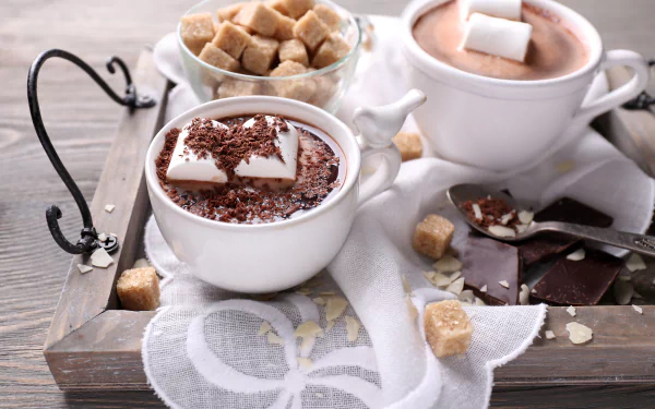 4K Ultra HD still life of two cups of hot chocolate topped with marshmallows, surrounded by chocolate pieces and caramel sugar cubes on a rustic wooden tray.
