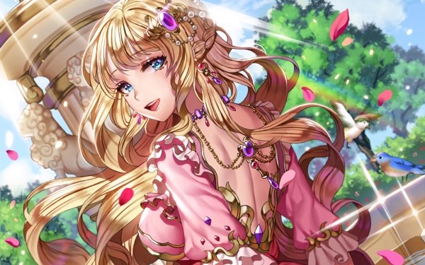 Anime Original Smile Aqua Eyes Long Hair Blonde Petal Sunbeam Jewelry HD Wallpaper | Background Image