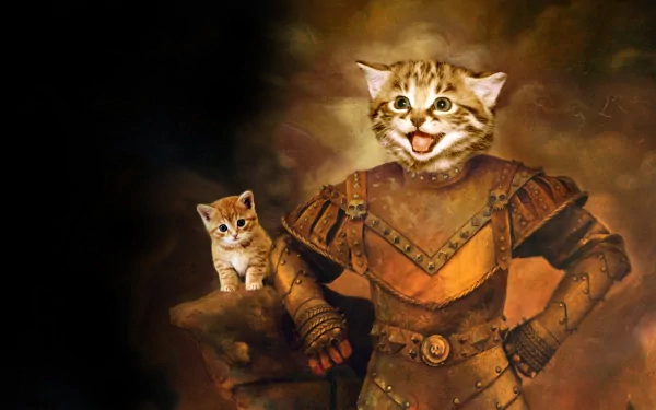 A whimsical fantasy image featuring a knight with a cat's head, alongside a small kitten, blending humor and manipulation for a captivating HD wallpaper.