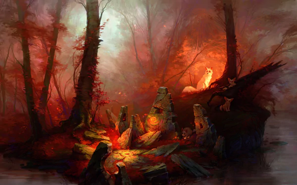 An HD fantasy wallpaper featuring a magical forest bathed in warm light, with a fox cub resting atop a rock among mystical ruins.