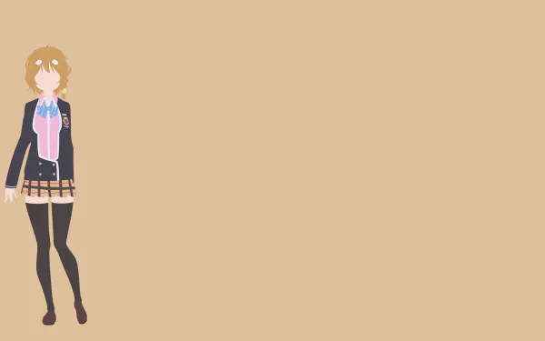 Minimalist 4K Ultra HD anime wallpaper featuring Yoshino Koiwai from Masamune-kun's Revenge, with short brown hair, a bow, skirt, and thigh highs on a beige background.