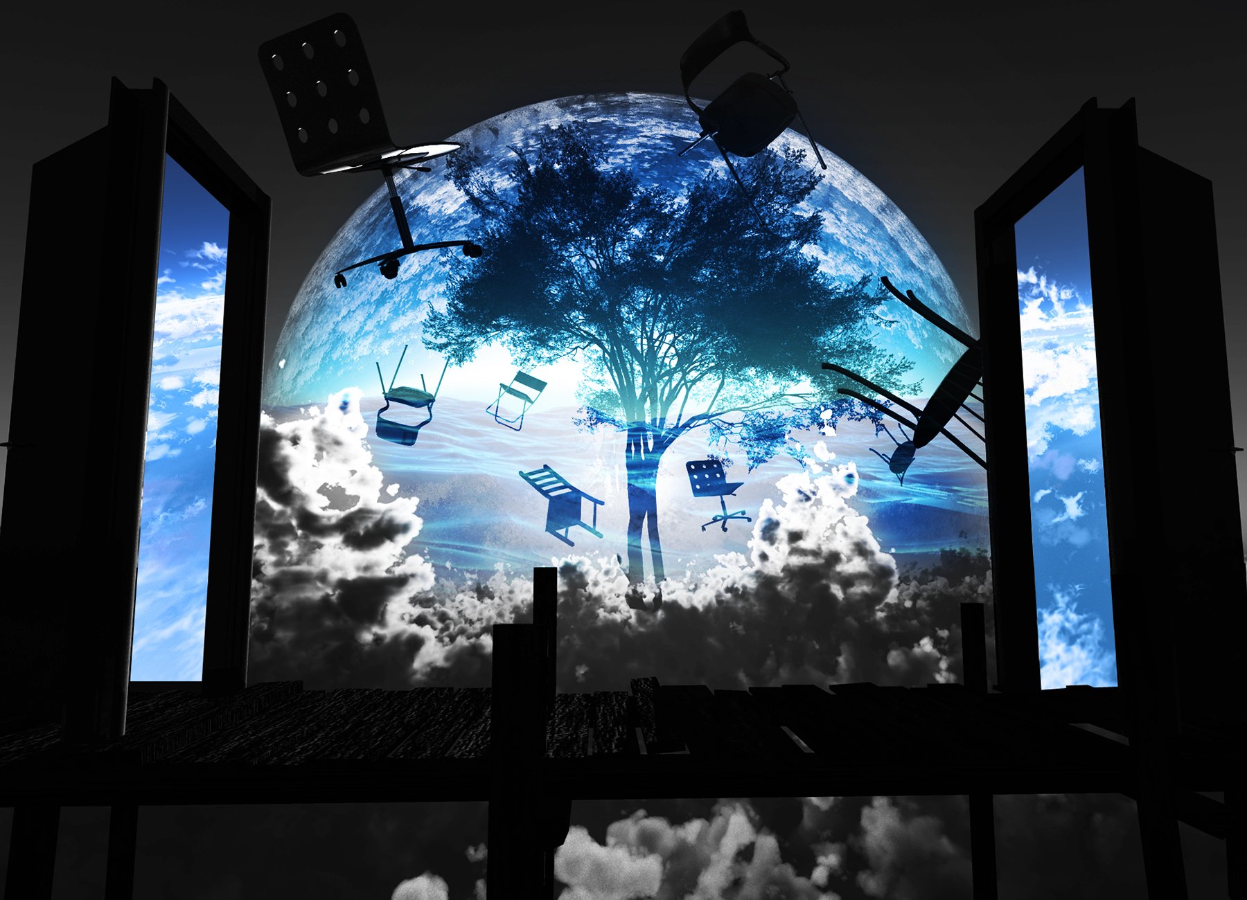 A stunning CGI 3D HD anime wallpaper featuring a fantasy scene with chairs floating around a tree against a blue and black sky with clouds.