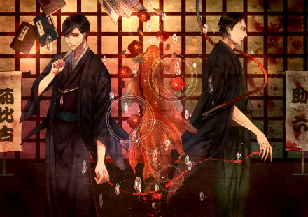 HD anime desktop wallpaper featuring Yakumo Yuurakutei and Sukeroku Yuurakutei from Shouwa Genroku Rakugo Shinjuu, surrounded by traditional Japanese elements.