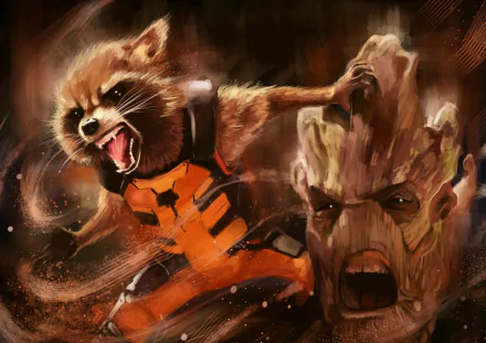 HD desktop wallpaper featuring Rocket Raccoon and Groot from the Guardians of the Galaxy comic.